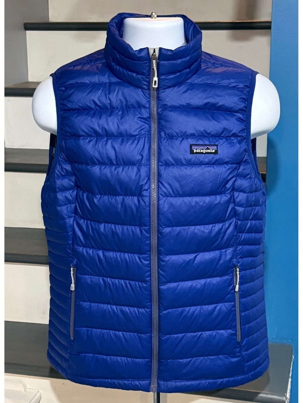 Patagonia Women’s Size Large Vest Goose Down Sweater Harvest Moon Blue Jacket!